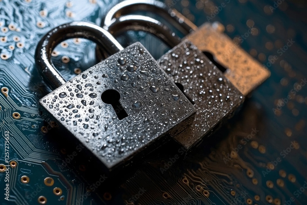 Poster concept of cyber security and protection for private information and data. blue integrated circuit f