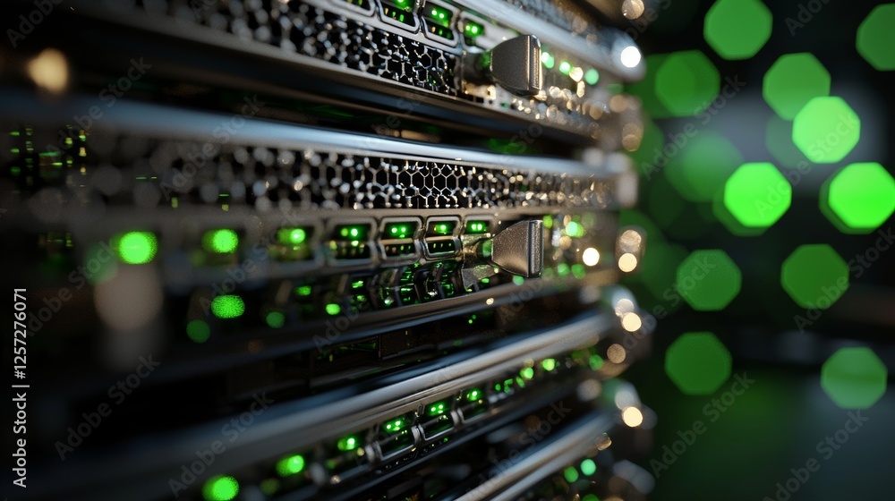 Poster a slow-motion camera巡ides over server equipment with flashing lights in a data center, presented in 