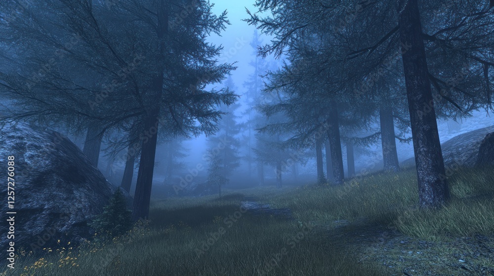 Poster a foggy forest scene with tall trees and rocks