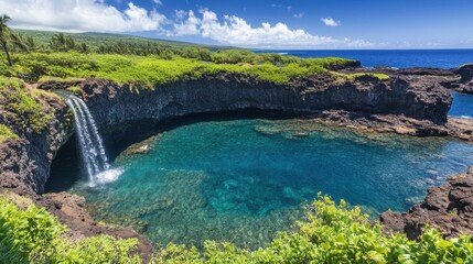 A tropical waterfall plunging into a secluded lagoon with crystal-clear turquoise water