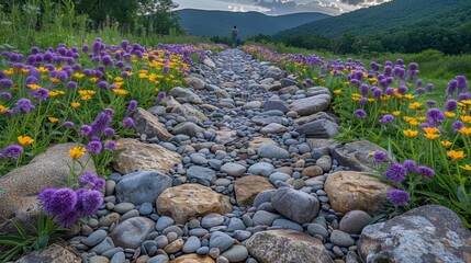 Scenic pathway lined with vibrant flowers and stones, leading to distant mountains under a cloudy sky