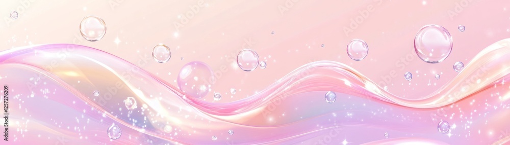 Poster abstract pastel waves with shimmering lights and floating bubbles