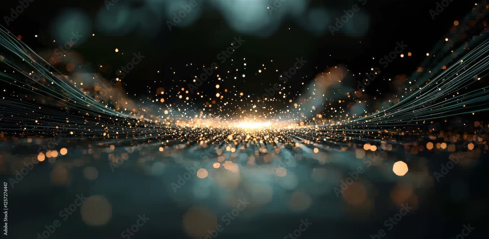 Poster a 3d depiction of a neural network alongside big data and cybersecurity concepts. features a flowing