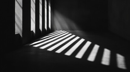 Dramatic Black and White Light Streaks Through Window Blinds Casting Shadows
