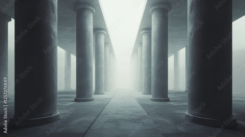 Poster a symmetrical architectural corridor with repetitive columns shrouded in fog