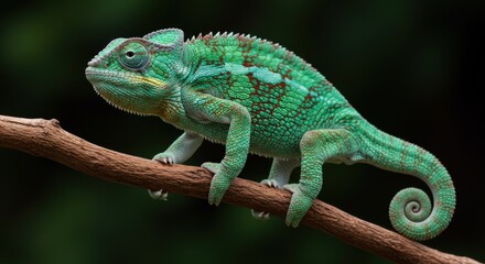 Obraz premium Colorful chameleon perched on branch against dark green background