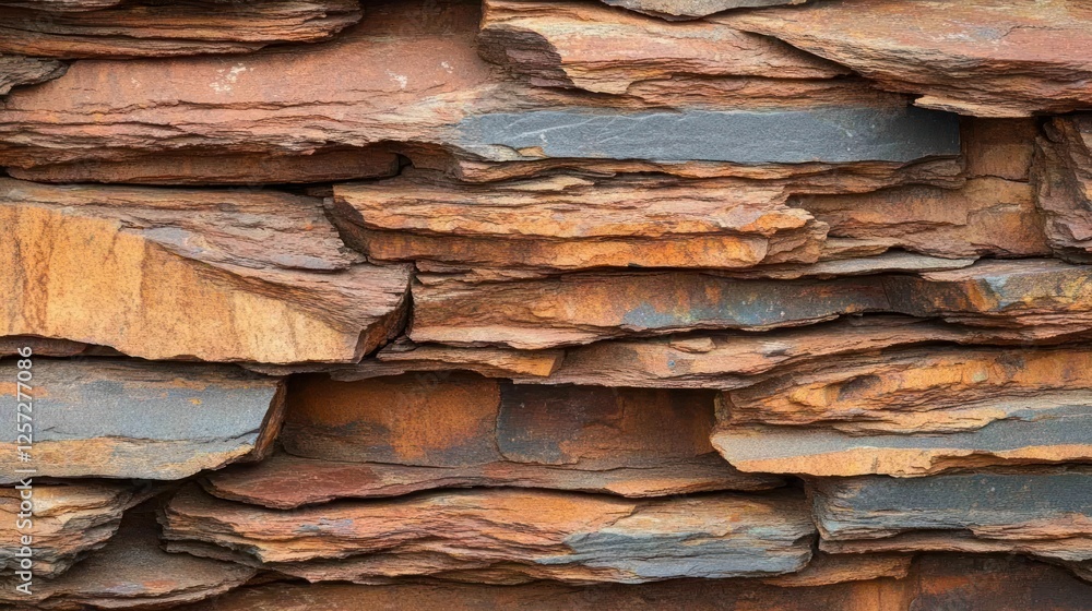 Poster Stacked layers of sedimentary rock create textured wall pattern