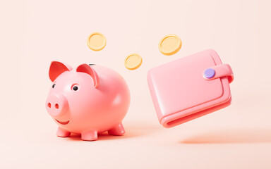 Cartoon piggy bank and wallet with flying coins in the pink background, financial savings concept, 3d rendering.