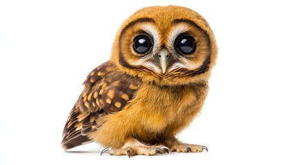 Fototapeta premium Adorable brown owlet with big eyes poses against white backdrop