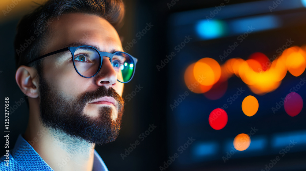 Poster intelligent man with glasses contemplating data trends and analytics in modern workspace