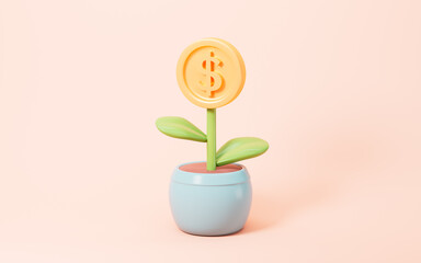 Money tree plant and coin dollar, business profit investment, financial investment concept, 3d rendering.