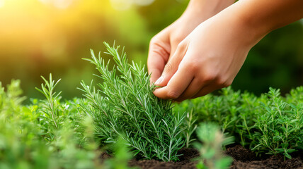Fototapeta premium Hands Gently Harvesting Fresh Herbs in a Lush Garden During Sunlit Daylight Hours