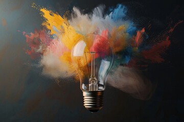 A vivid depiction of a brainstorming meeting where a colorful light bulb stands for creativity and insightful ideas
