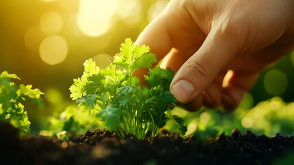 Fototapeta premium Hand Gently Picking Fresh Green Cilantro Plant from Soil in a Vibrant Garden Setting