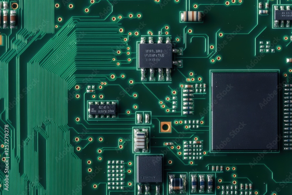 Poster Close up of a detailed circuit board with various electronic components and microchips visible