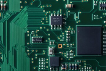 Close up of a detailed circuit board with various electronic components and microchips visible
