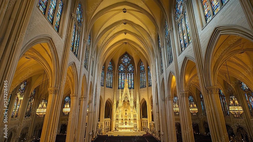 Poster intricate architecture inside a cathedral showing stained glass windows