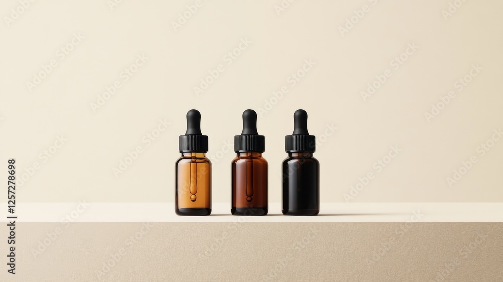 Poster three amber bottles with dropper caps on light background