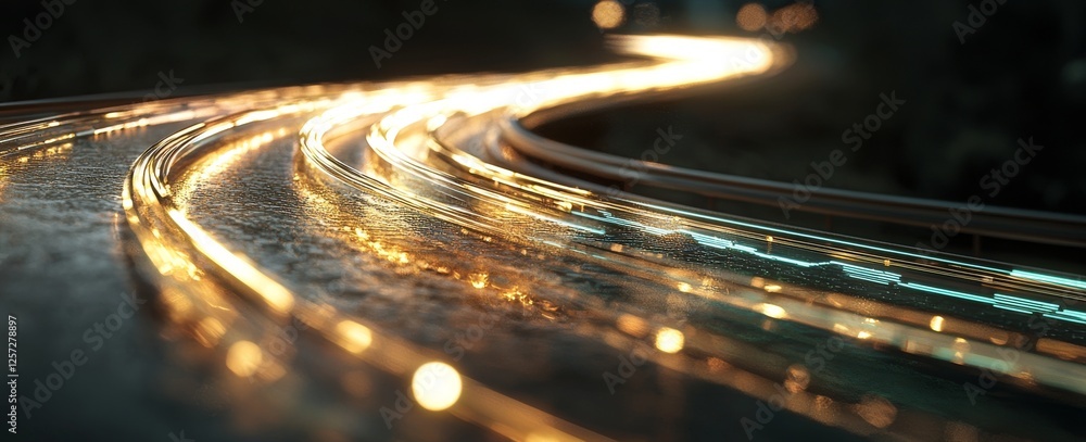 Poster a dynamic data visualization with green and blue lights cascading, mirroring fast information flow t