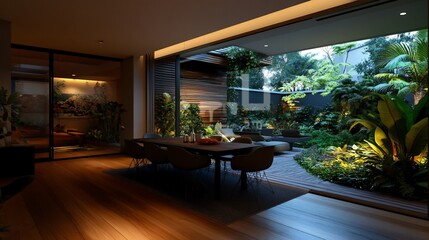 Fototapeta premium Serene Tropical Indoor-Outdoor Dining Room Design