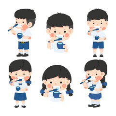 Set of cartoons showing a boy and girl brushing their teeth