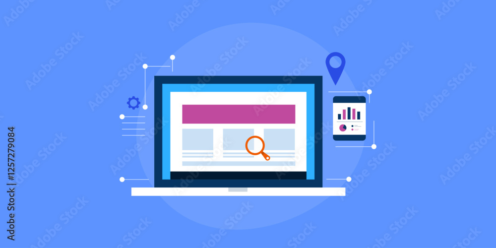 Wall mural website seo analytics data on mobile screen, website page on laptop with magnifier, business technol
