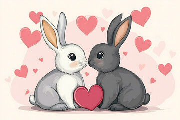 Two adorable rabbits, one white and one black, share a tender moment with a heart between them