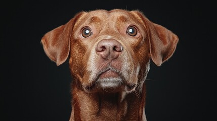 Curious brown dog portrait, dark background, studio shot, pet website