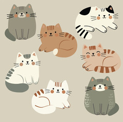 Adorable cute minimalist illustrations of cats of different colors