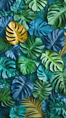 Teal, gold tropical leaves background; vibrant foliage design