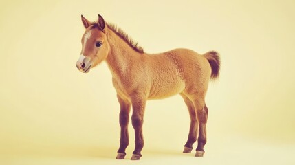 Adorable light brown foal stands on a plain background
