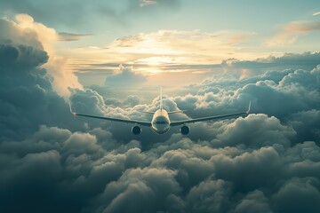 Airplane in the sky, over the cloudy sky