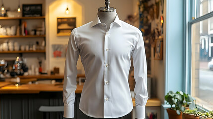 Photo: Classic White Dress Shirt Displayed on Mannequin in Cafe Setting