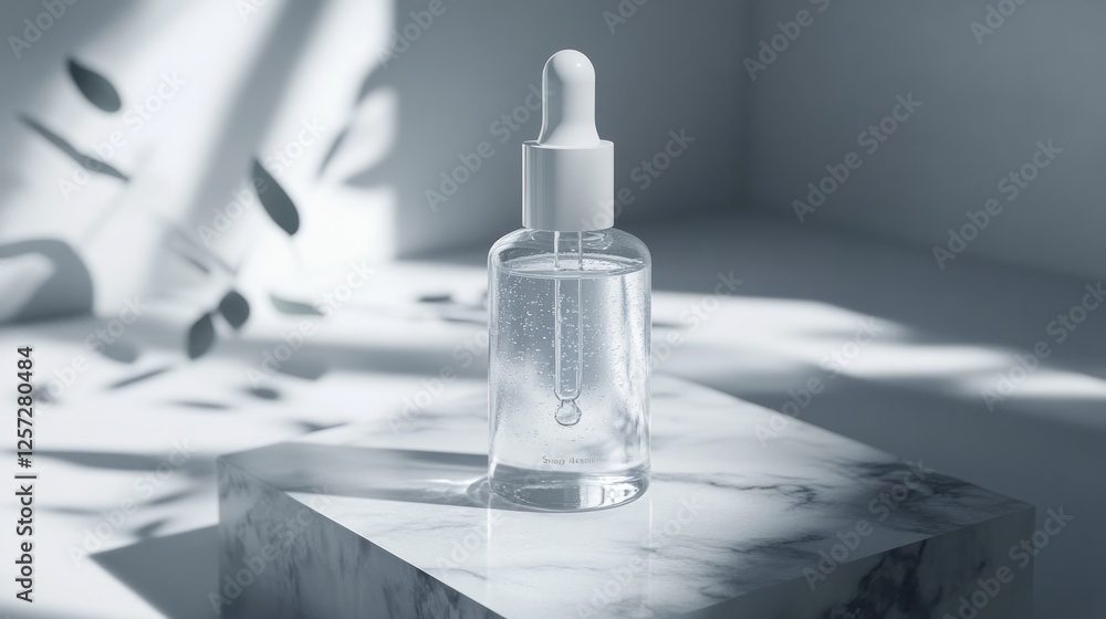 Poster clear serum bottle with dropper on marble block surface
