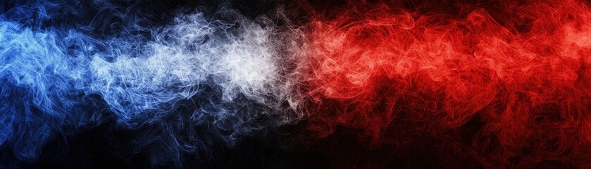 Blue and red smoke collide, dark background, abstract art, design element