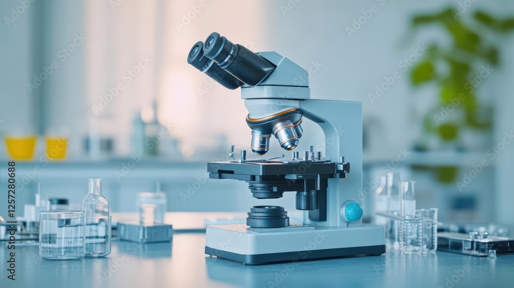 Leinwandbilder Microscope with an additional smaller microscope placed on top of the main unit in a laboratory setting