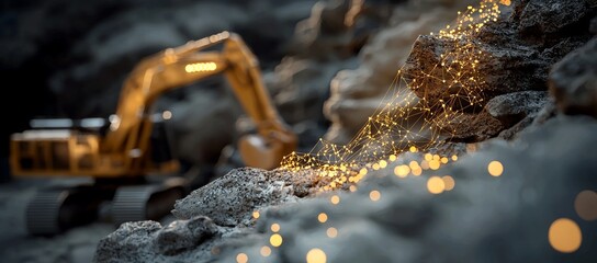 At sunset, an excavator rumbles through a quarry, its surroundings painted by a blazing sky. Orange and white data visualization lines and graphs are superimposed on the scene