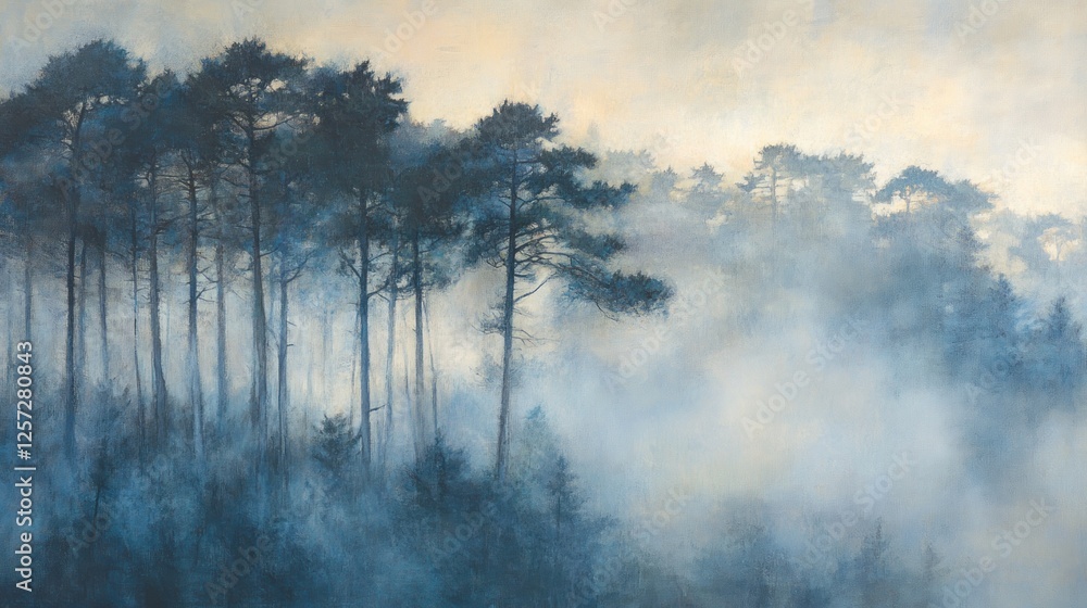 Poster a misty forest landscape with tall trees in the fog