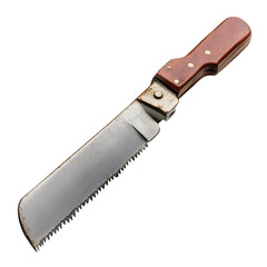 Vintage folding hand saw with wooden handle rusty metal blade isolated transparent background