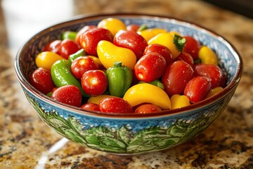 Colorful Mini Peppers and Tomatoes in Bowl, Vibrant Vegetable Snack, Delicious and Healthy, Perfect Appetizer, Tasteful Presentation
