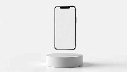 Smartphone Mockup Floating Above White Pedestal in Clean Studio Setting