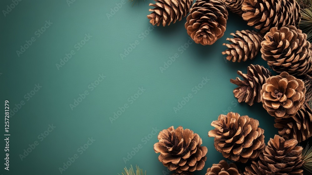 Poster pinecones arranged on a muted teal colored background creating space