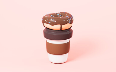 Cartoon coffee and doughnut in the orange background, 3d rendering.