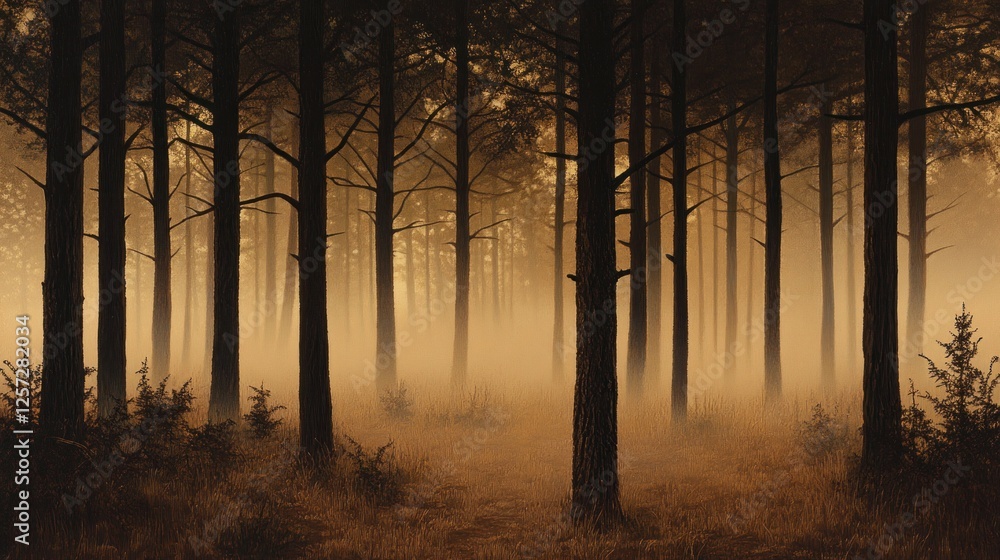 Poster A mysterious forest is filled with fog and tall trees
