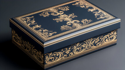 Fototapeta premium Photo: Elegant Dark Blue Gift Box with Gold Floral Design