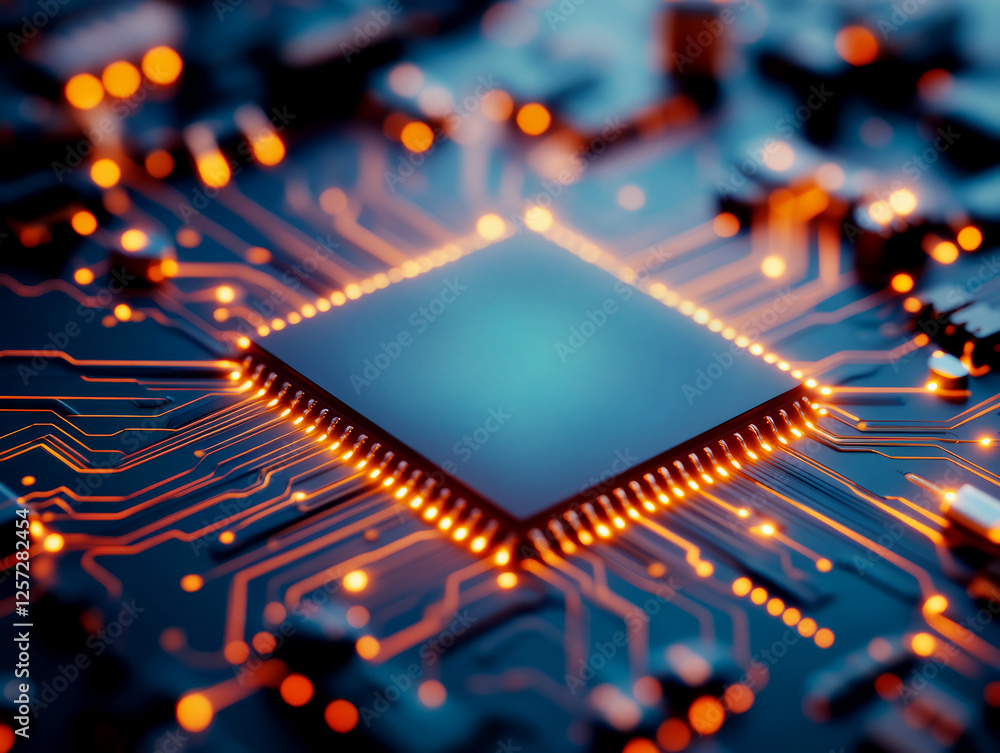 Aufkleber intricate close-up of a microchip with glowing circuitry and digital technology background
