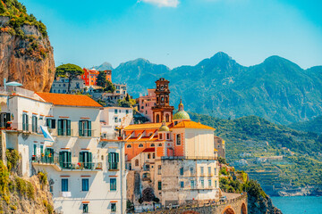 Atrani famous coastline in southern Italy, vertiginous cliffs adorned with colorful villages,...