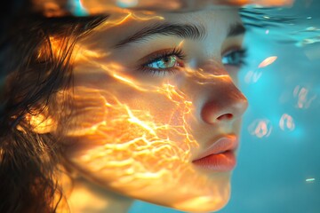 Golden Light Illuminates Underwater Female Face