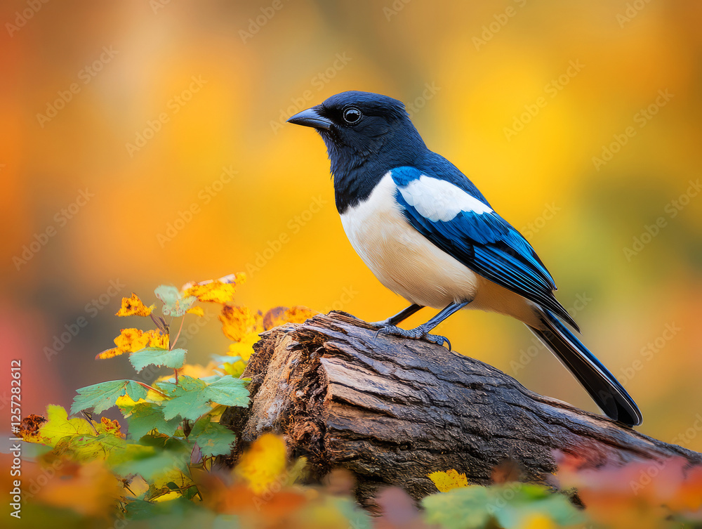 Poster elegant bird perched on a log surrounded by colorful autumn leaves in a serene nature setting