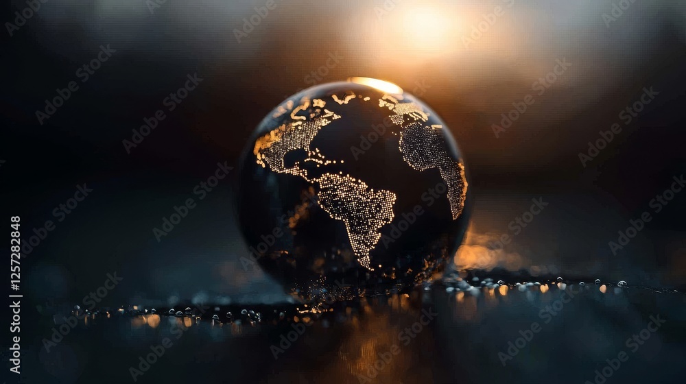 Poster a futuristic financial setting at night with a digital representation of the earth surrounded by dat
